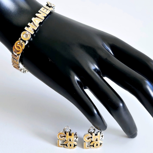 Rare Chanel Silver & Gold Coco Lettered Bracelet & Earrings Set - Picture 1 of 6